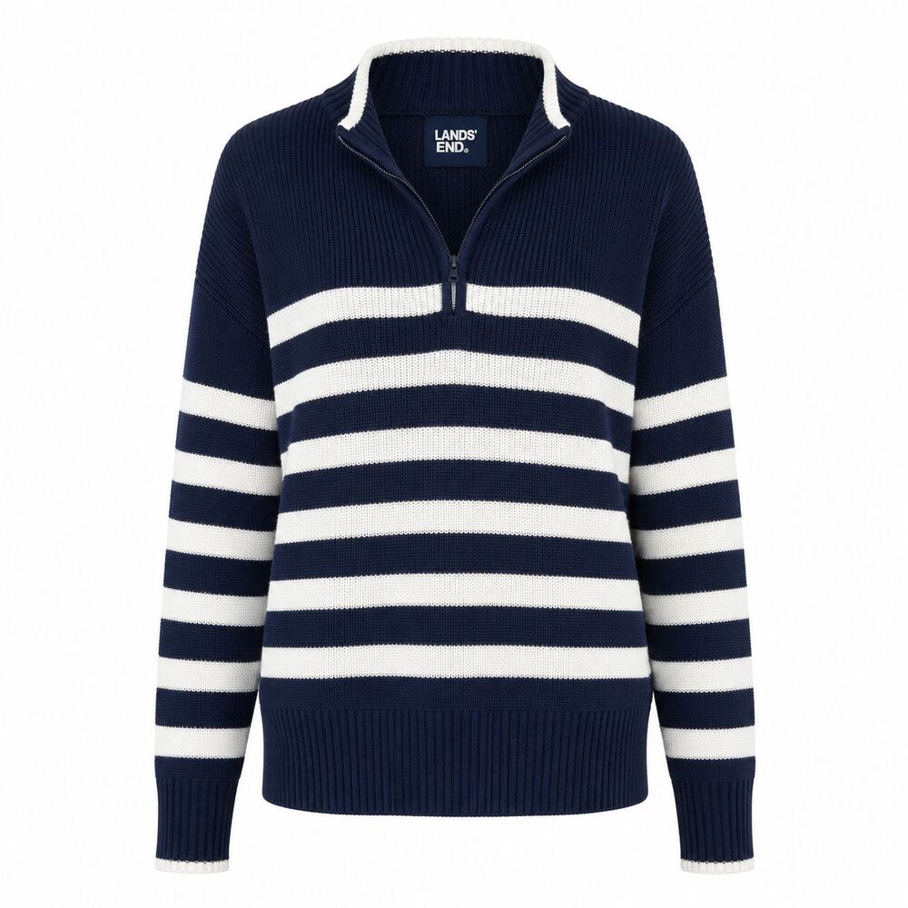 Lands' End XXL Quarter Zip Sweater Men's Navy White Stripe 100% Cotton NWT